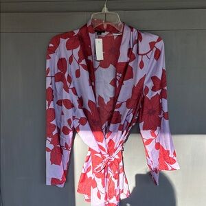 Ann Taylor Lilac Wrap top with Red Floral Print